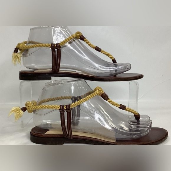 Jimmy Choo, size 7 (EU 37.5) Dark Brown Leather Silk Thong Sandals - Picture 6 of 11
